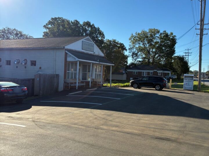 Newly paved and striped parking lot in front of The Laundry Room of Stanley in Stanley, NC